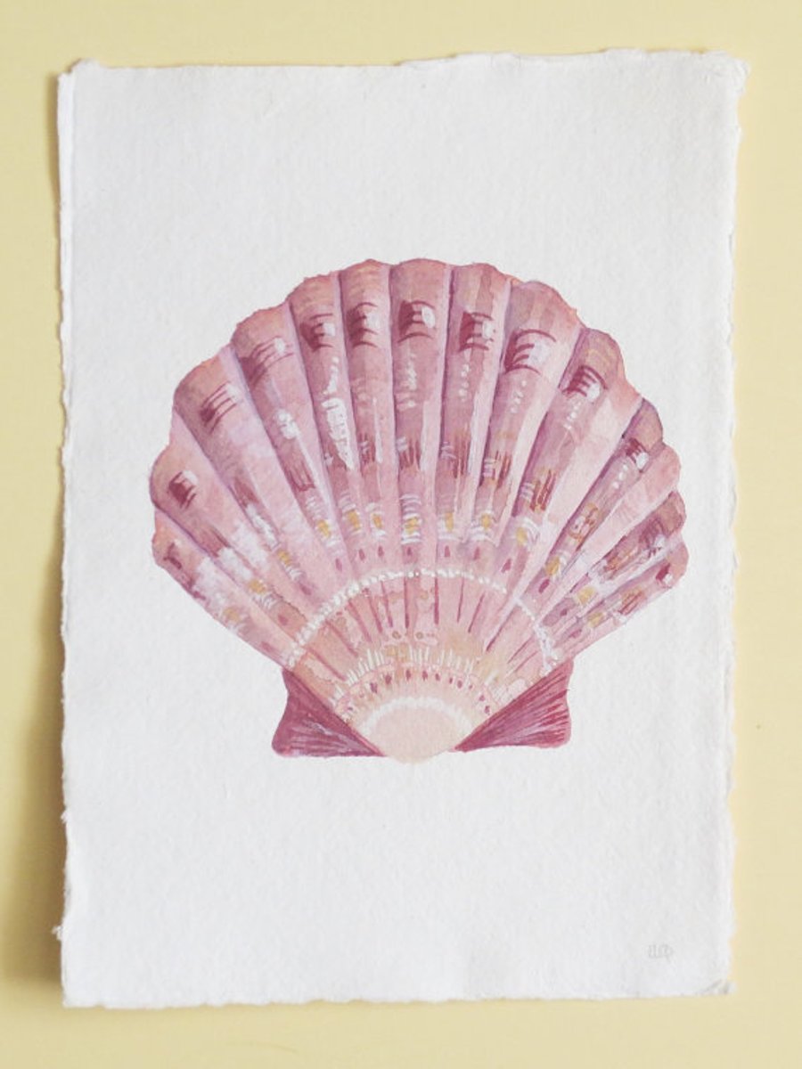Original watercolour painting of a scallop seashell illustration beach decor