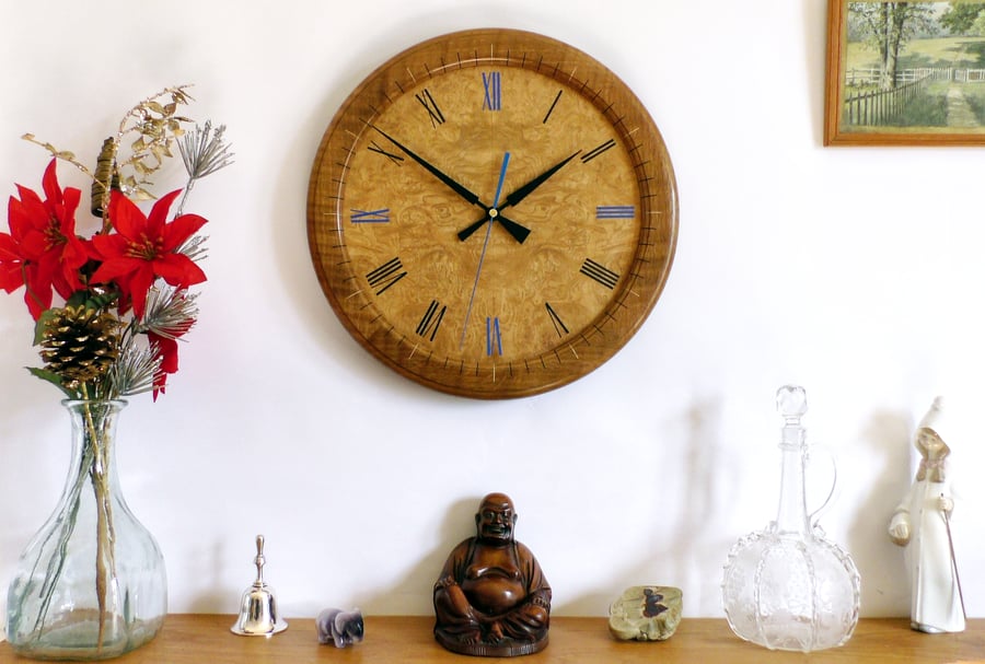 Designer made Wooden Wall Clock with a Burr Ash Dial and Inlaid Brown Oak Bezel
