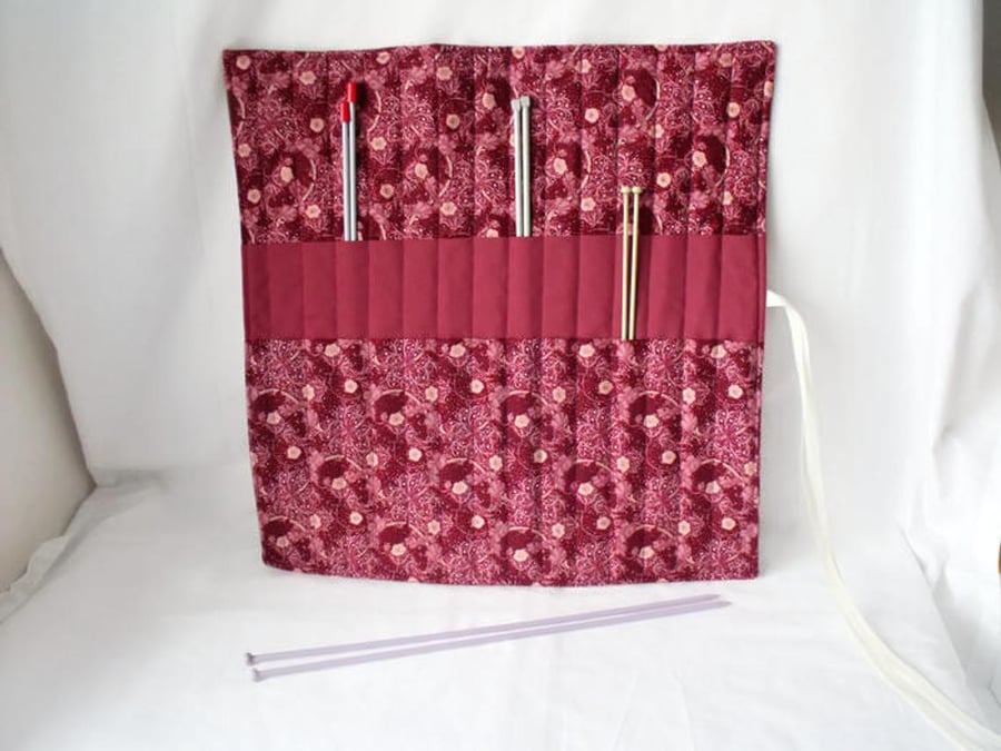 knitting needle roll or tunisian crochet hook holder, burgundy