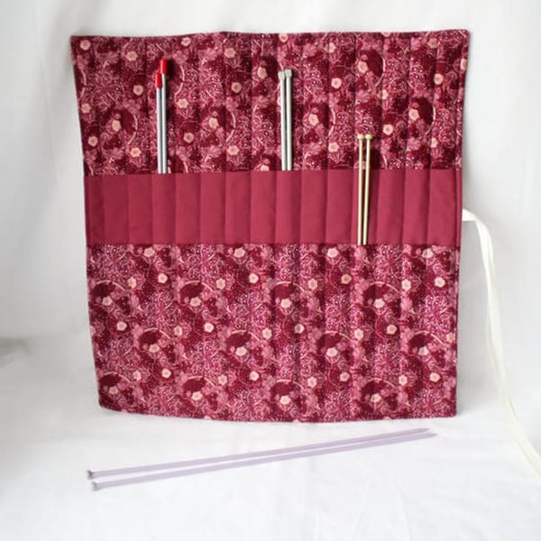 knitting needle roll or tunisian crochet hook holder, burgundy