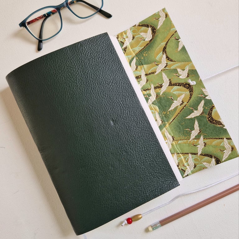Crane Chiyogami Journal or Sketchbook, Hand Bound in Dark Green Leather