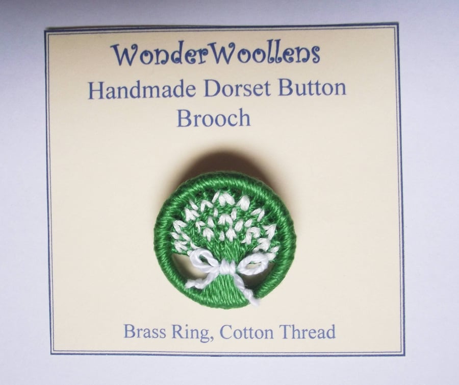Snowdrop Dorset Button Brooch, White, Green, 3.3cm, Handmade 