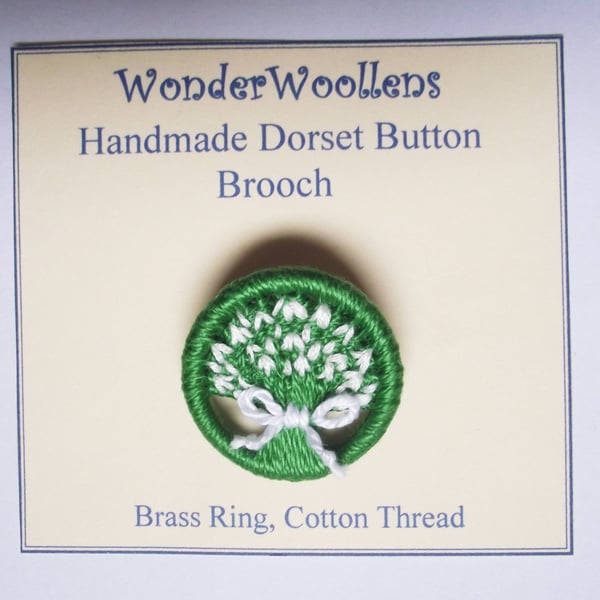 Snowdrop Dorset Button Brooch, White, Green, 3.3cm, Handmade 