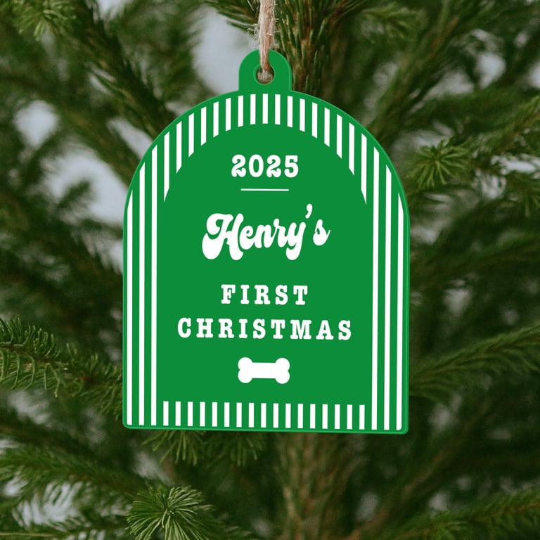 Personalised Dog First Christmas Bauble – Striped Arch & Bone: Custom Pet Gift