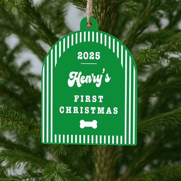 Personalised Dog First Christmas Bauble – Striped Arch & Bone: Custom Pet Gift
