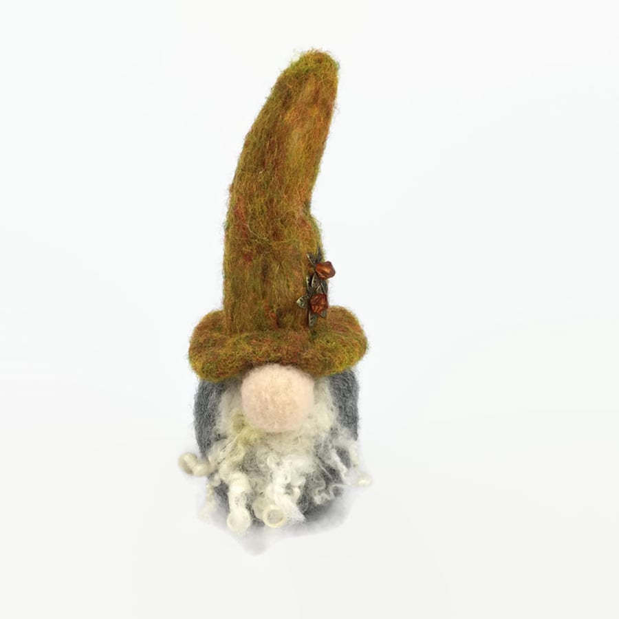 Woollen needle felted tomte gnome with yellow brown hat