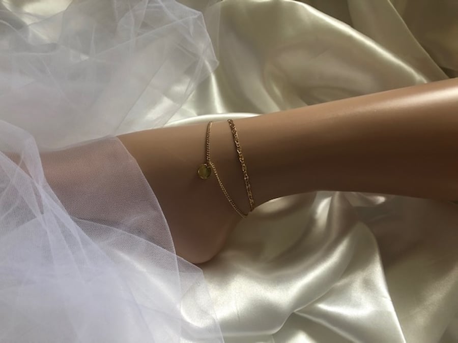 Gold Double Ankle Chain Bracelet with Disc - Boho Gold Disc Anklet with Accent