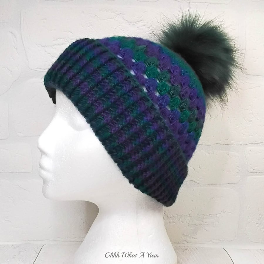 Crochet hat, beanie. Purple blue and green granny stitch pom pom hat. Beanie hat