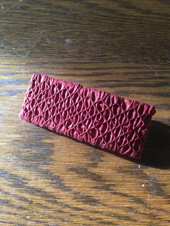 Hand Smocked and Beaded Rich Red Silk Hair Clip, H5