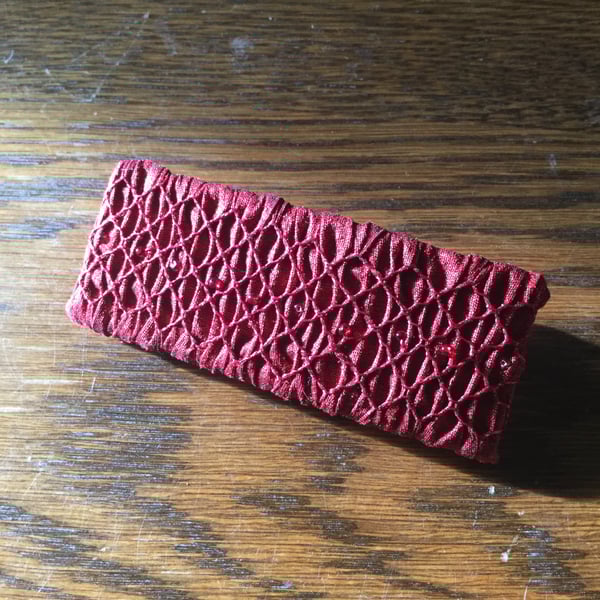 Hand Smocked and Beaded Rich Red Silk Hair Clip, H5