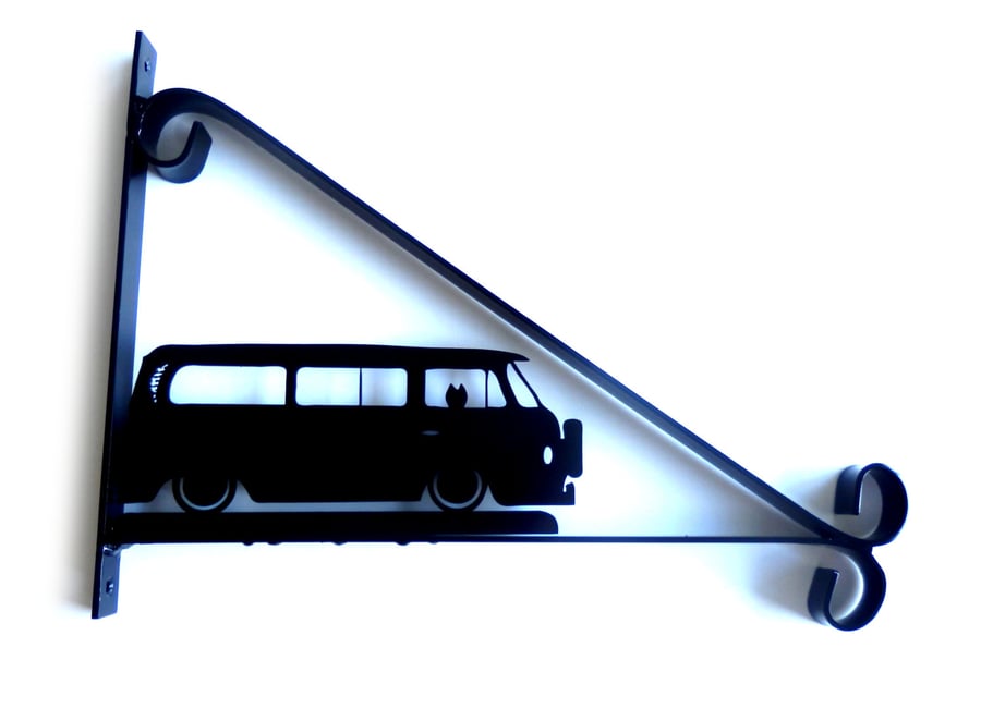 VW Campervan with Dog Silhouette Scroll Style Hanging Basket Bracket Solid Steel
