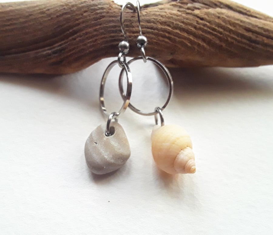Asymmetrical Whelk Shell & Stripey Pebble Earrings 