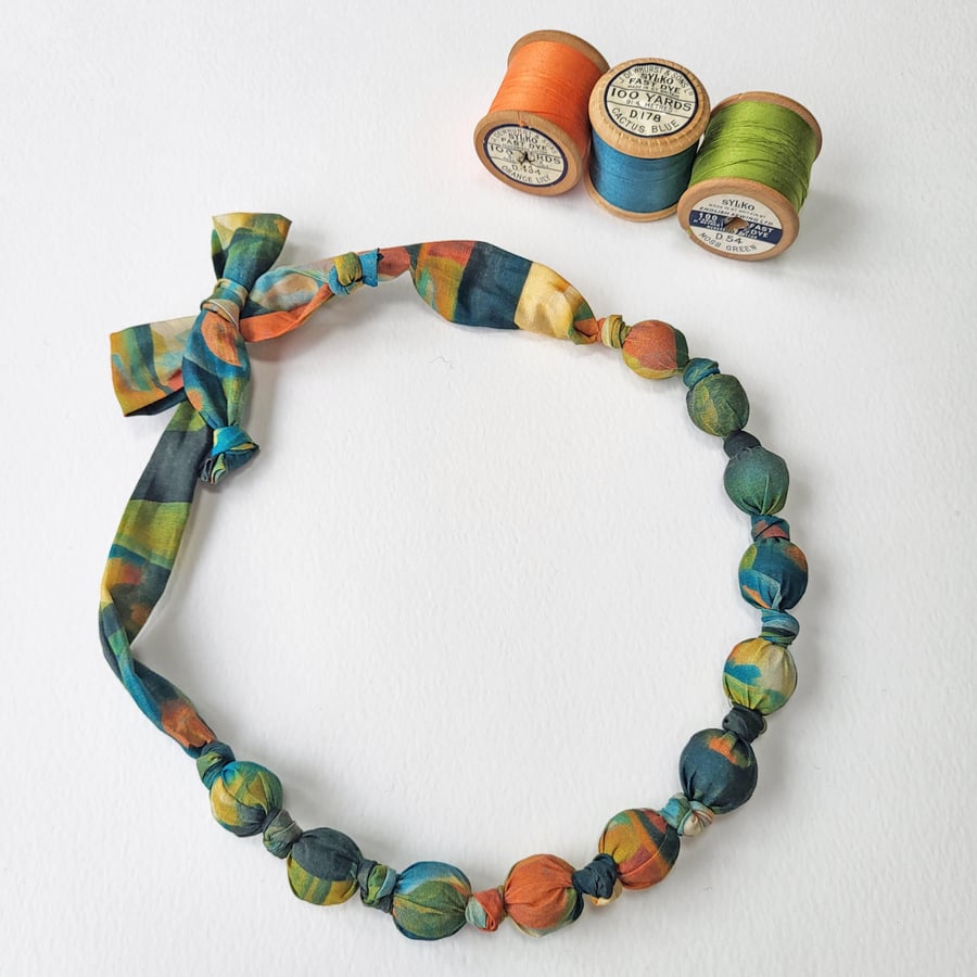 Teal, Orange, Green & Mustard Liberty Avalon Scenes Print Fabric Necklace