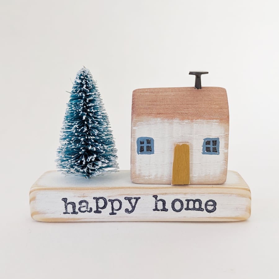 Little Wooden Handmade House in a Bag with Christmas Tree Happy Home