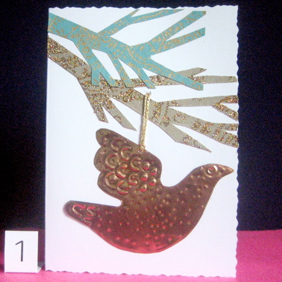 Greetings card with copper bird decoration