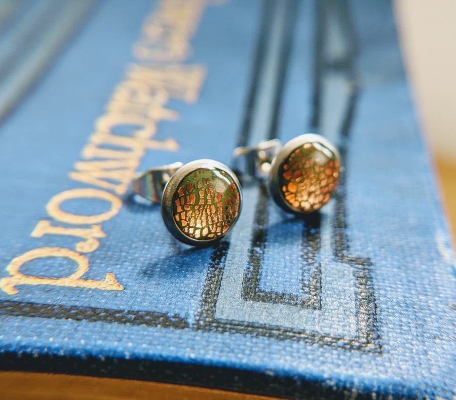 Khaki green and rose gold, surgical steel stud earrings