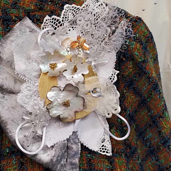 Corsage, White Silver Gold. Mother of the Pearl Floral Buttons with Lace