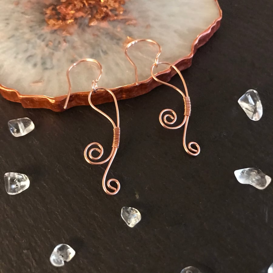 Wire Wrapped Copper Scroll Drop Earrings