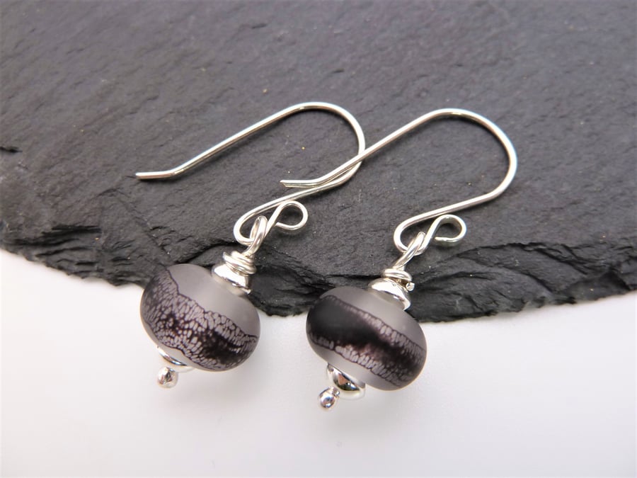 sterling silver earrings, black lace lampwork glass beads