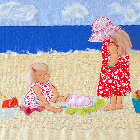 Seaside beach textile artwork - children on beach