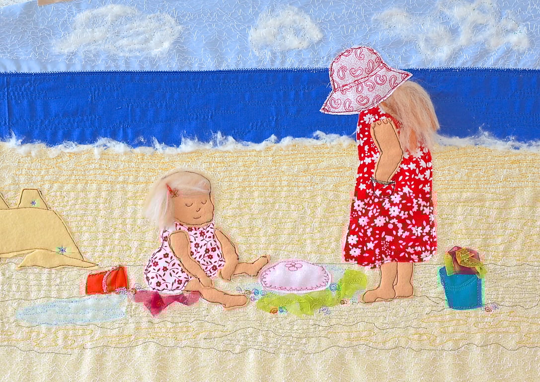 Seaside beach textile artwork - children on beach