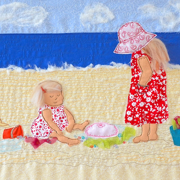 Seaside beach textile artwork - children on beach