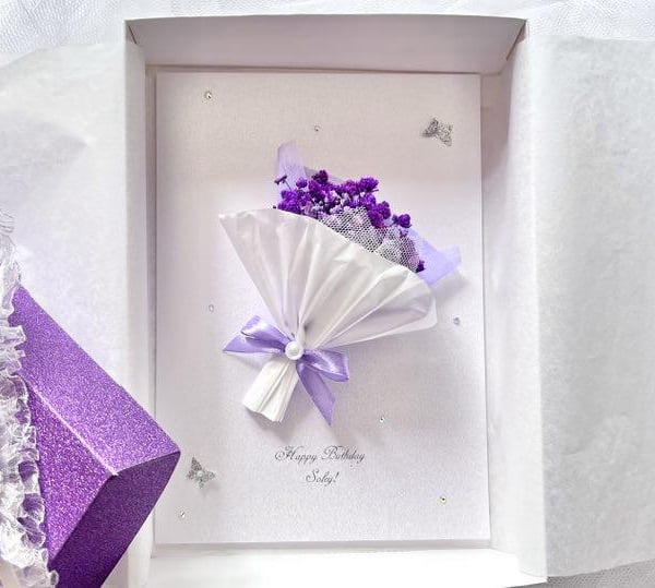 Luxury Personalised Birthday Card, Handmade Dried Flower Bouquet Card C716