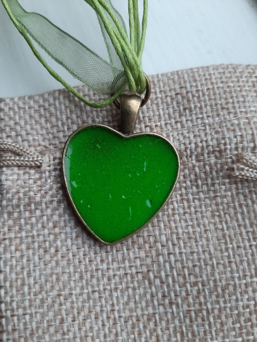 Unique Green heart crackled  resin pendent with a ribbon necklace