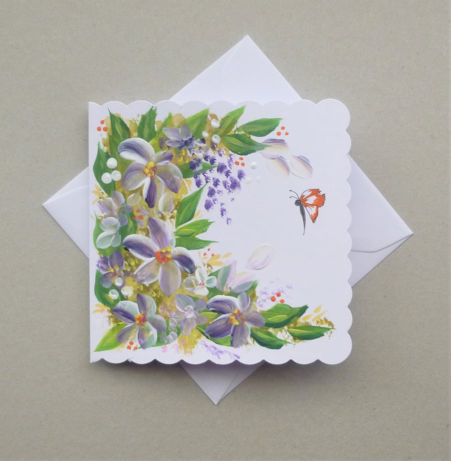 floral butterfly hand painted original art blank card ( ref F 552.B2 )