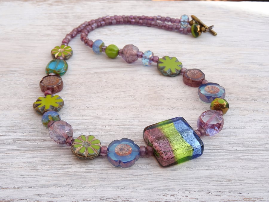 Murano and Czech Glass Necklace, Purple, Lime and Blue Necklace