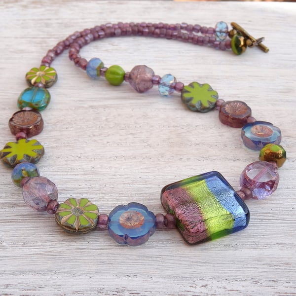 Murano and Czech Glass Necklace, Purple, Lime and Blue Necklace
