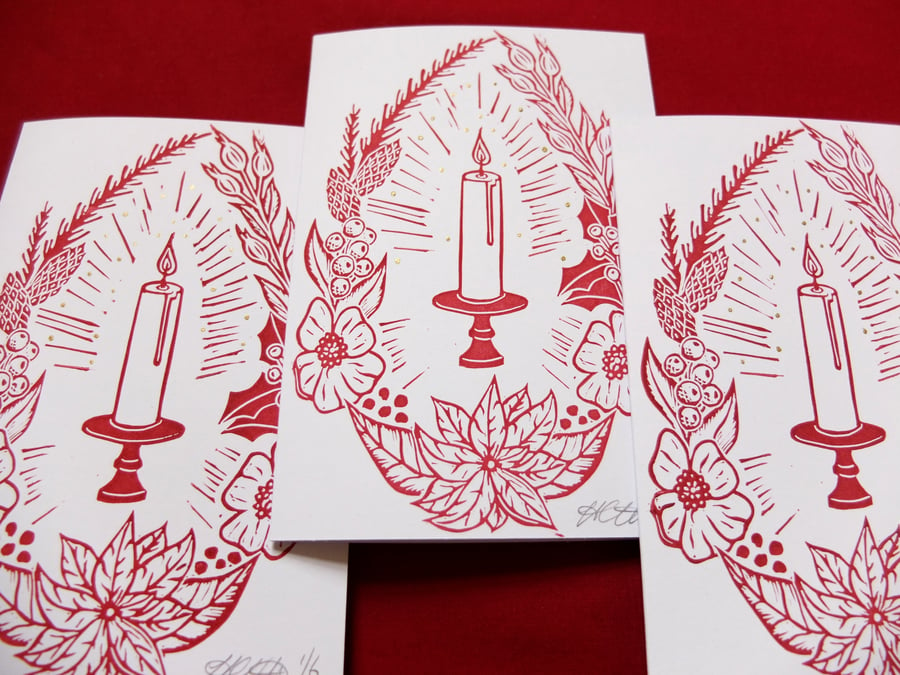 Pack of 4 Lino Print Wreath & Candle Christmas Cards 