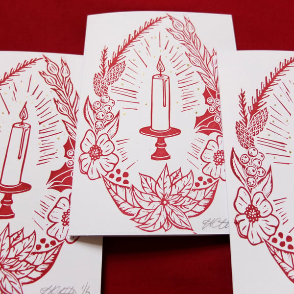 Pack of 4 Lino Print Wreath & Candle Christmas Cards 