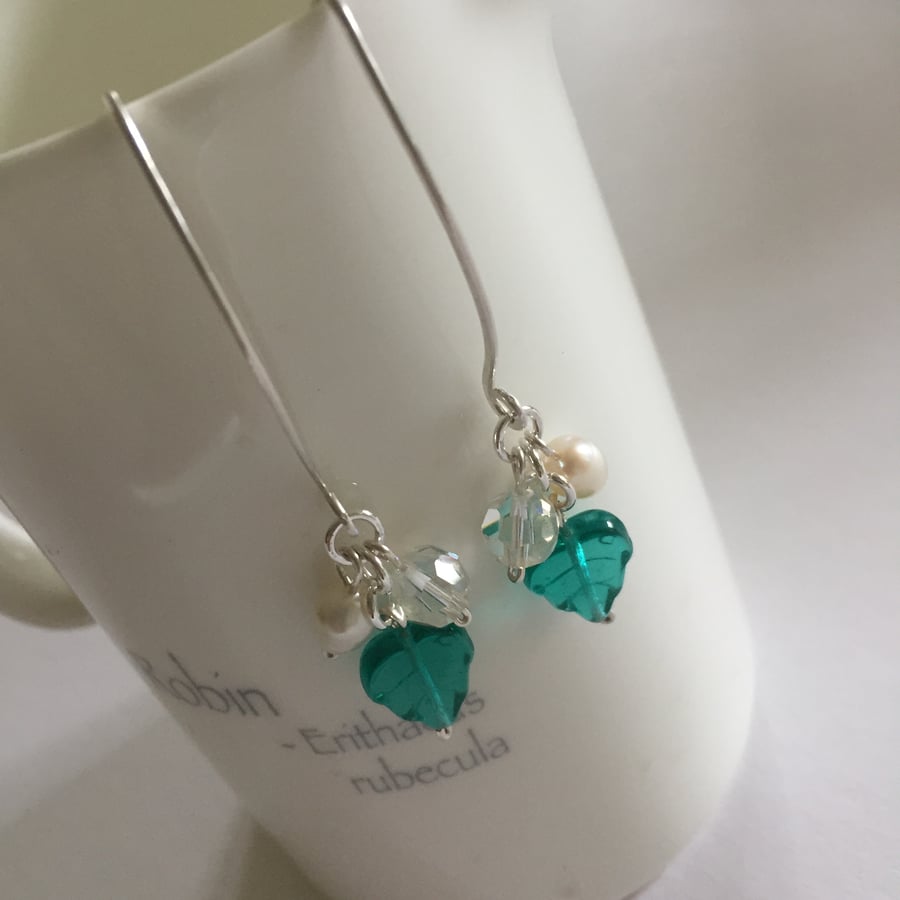 Long sterling silver turquoise leaf earrings