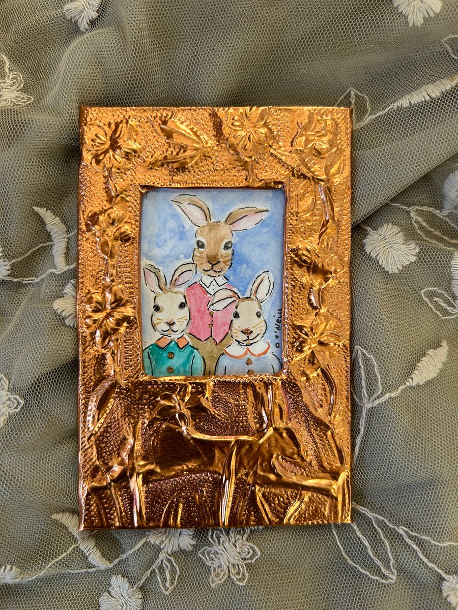 Framed Art - Little Bunnies Family Portrait - Handmade frame and watercolour