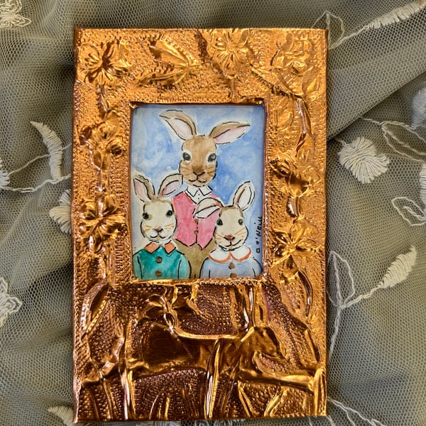 Framed Art - Little Bunnies Family Portrait - Handmade frame and watercolour