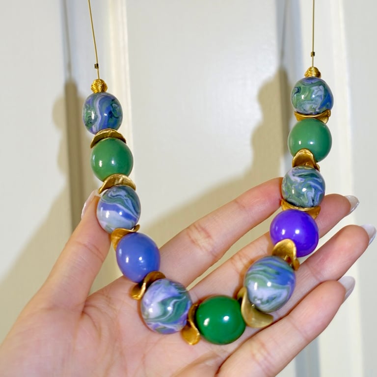 Unique Green and Purple Polymer Bead Necklace