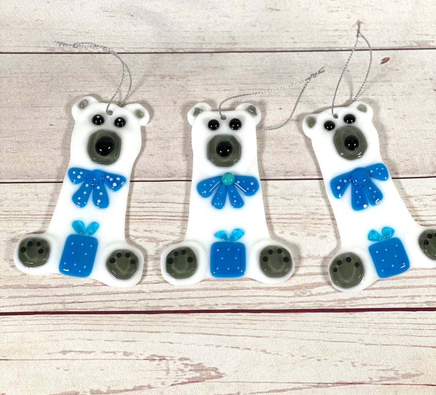 Blue fused glass teddy bear Christmas decoration 