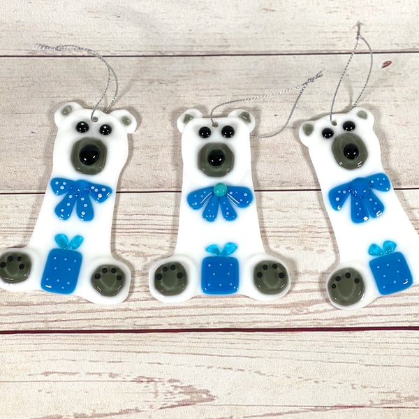 Blue fused glass teddy bear Christmas decoration 