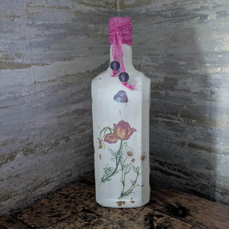 Decorative decoupaged floral bottle