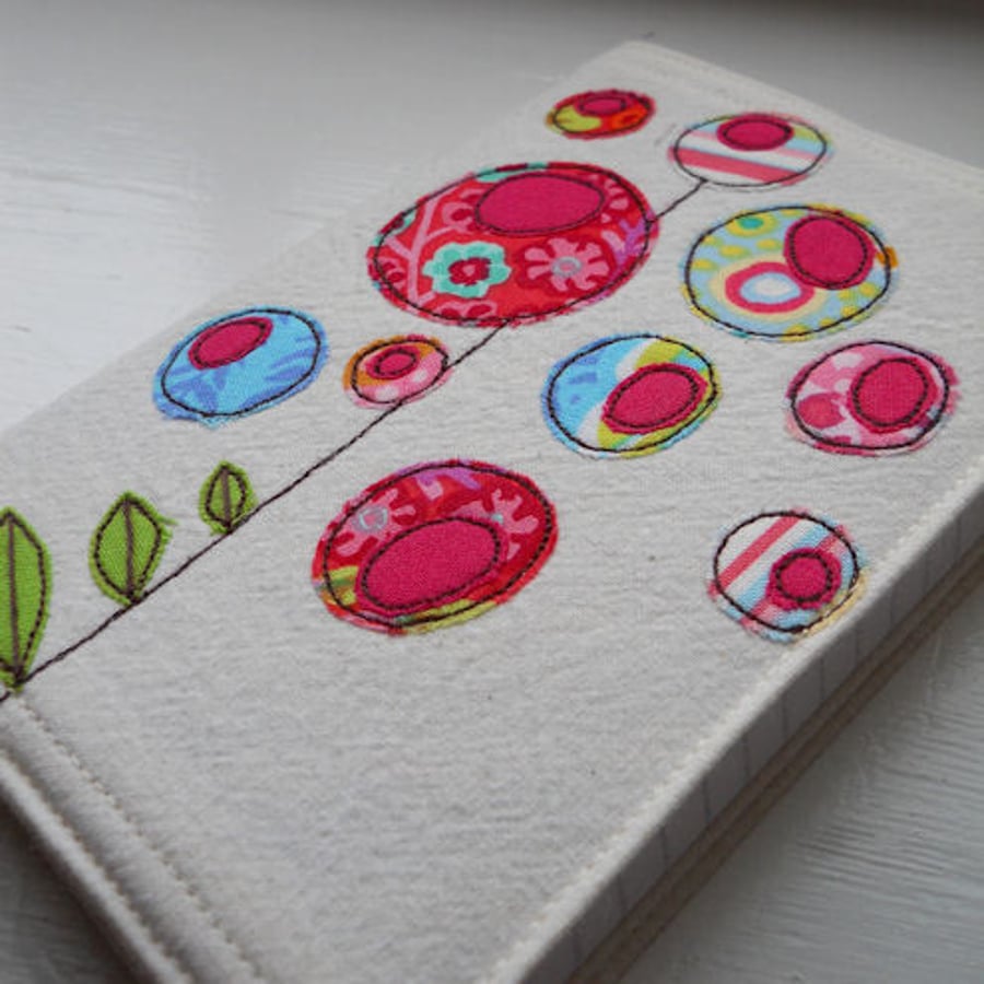 embroidered notebook - bright pink flowers - A6 size
