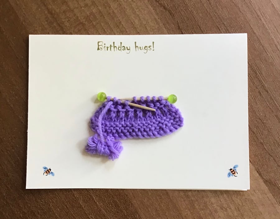 Embellished card,Miniature knitting,Blank card,Bees,Birthday hugs,