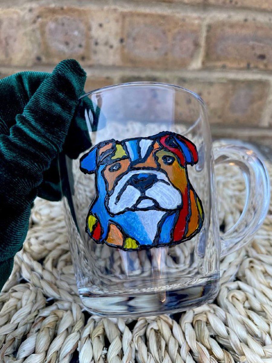 Exclusive glass mug for tea or coffee with hand-painted doggies
