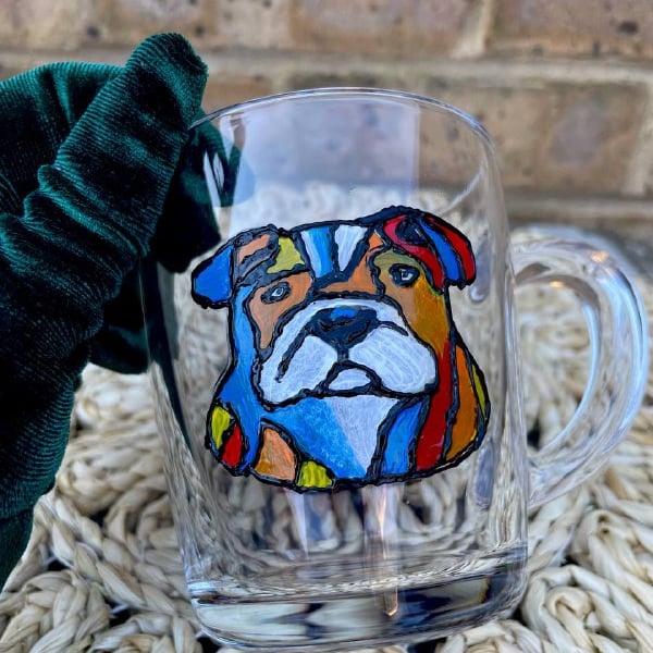 Exclusive glass mug for tea or coffee with hand-painted doggies