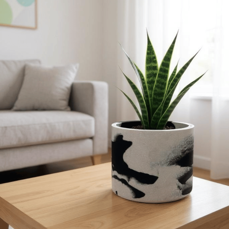 Black and White 15cm Marbled Round Plant Pot  - Large Monochrome Planter 