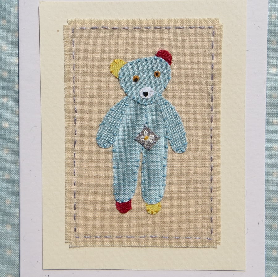 Small teddybear hand-stitched card for baby or child, a card to keep!