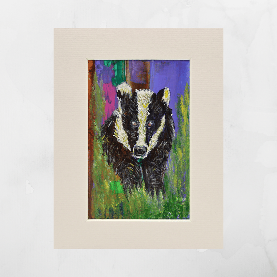 A Mounted Acrylic Painting of a Badger. 8x6 inches.