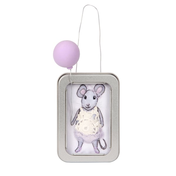 Mouse, a mouse with a purple balloon, 3D fabric mouse framed in a tin