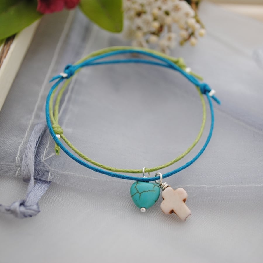 Friendship Bracelets-TWO Turquoise & Lime heart Set