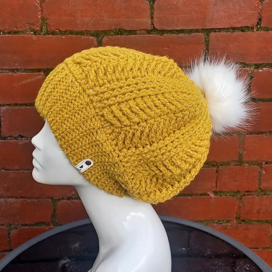 Chunky slouchy mustard beanie with white fur pompom, crochet bobble hat